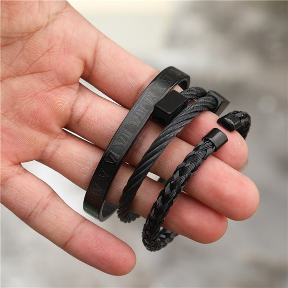 New! 3 Piece Royal Roman Bracelets Bangles Adjustable Black Square